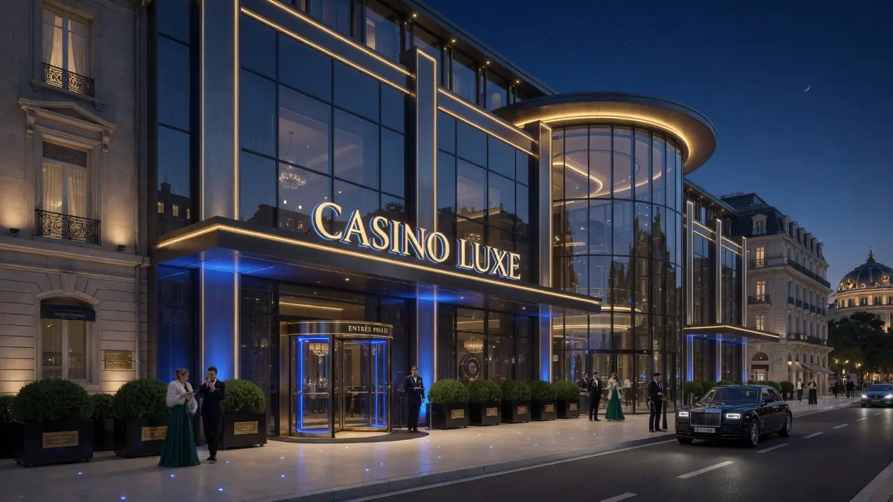 Modernes Casino-Gebäude bei Nacht mit beleuchteter Fassade