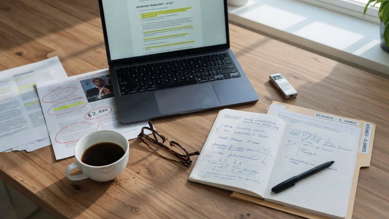 Arbeitsplatz eines Journalisten mit Notizen und Laptop