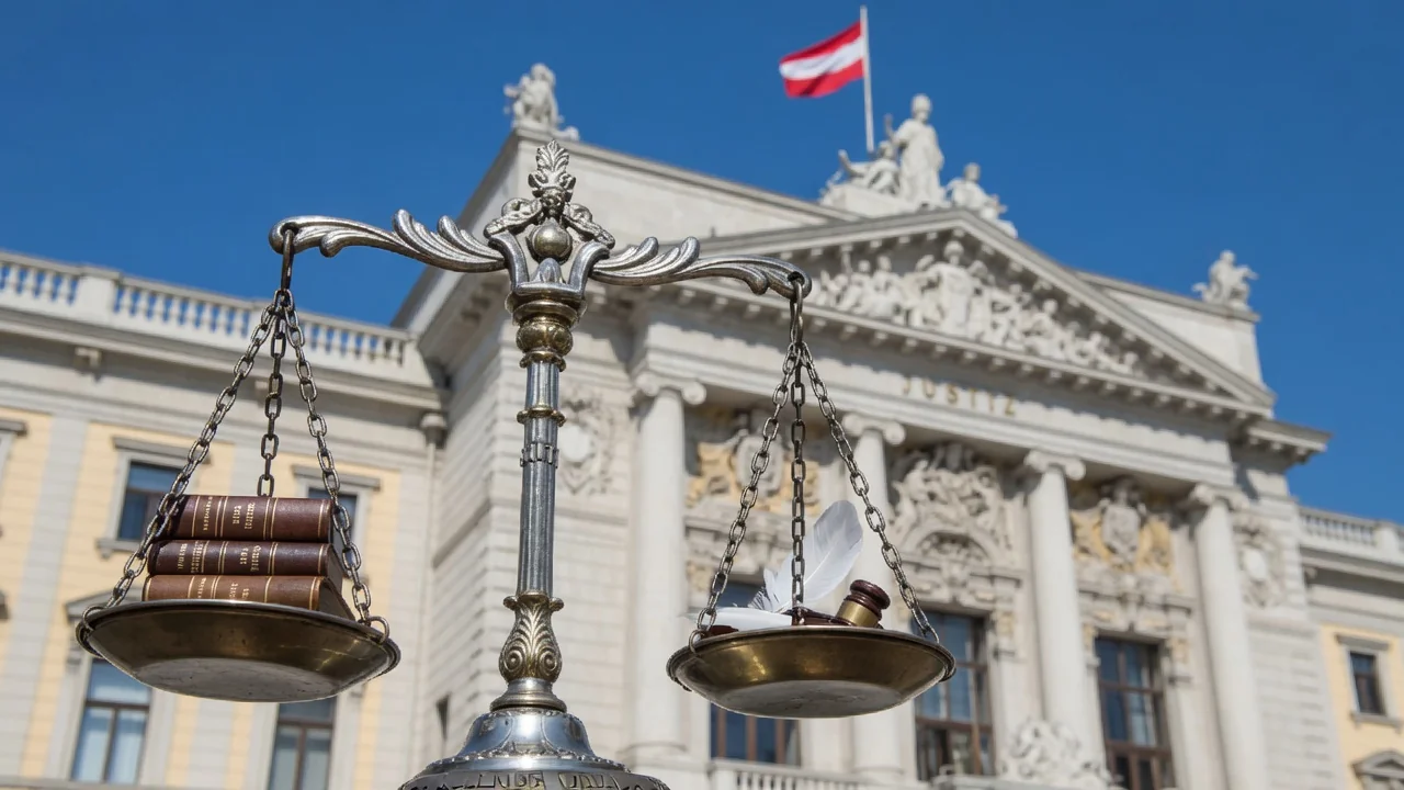 Waage der Justiz vor Gerichtsgebäude