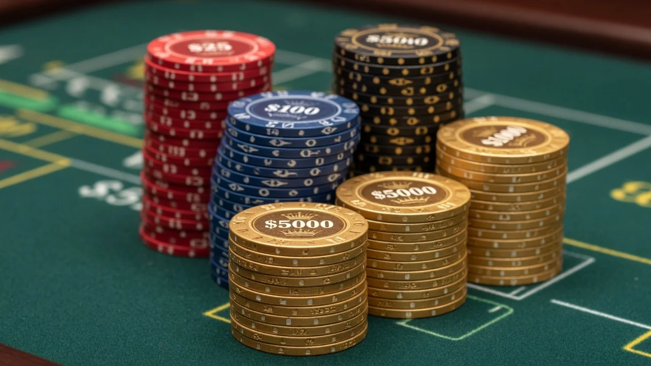 Casino-Chips gestapelt auf grünem Tisch